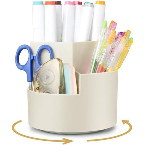 Rotatif Pot a Crayon, Porte Organiseur Bureau, Porte-Stylos Pivotant à 360 Degrés avec 3 Compartiments, Rangement Stylo de Bureau Grande Capacité pour Papeterie, Maquillage, L'artisanat - Blanc (1/5)