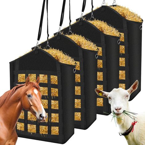 Sacs à foin pour chevaux, 4 sacs à foin à distribution lente pour chevaux, chèvres, moutons et ânes, sacs à foin Oxford de haute qualité avec filet à foin. (1/5)