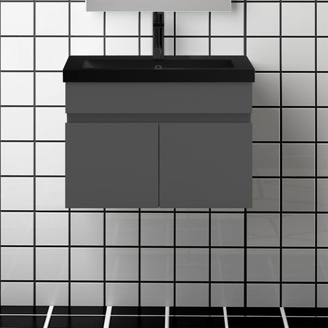 60 cm Waschtisch mit Unterschrank Soft-Close Badmöbel Set mit Waschbecken Schwarz Mineralguss Gäste WC Hochglänzend Anthrazit (1/5)