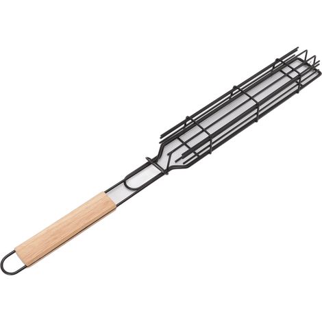 Grille à Kebab Verrouillable en Fer avec Manche en Bois pour Barbecue, Panier de Cuisson pour Légumes, Saucisses et Viandes, Couleur Bois (1/5)