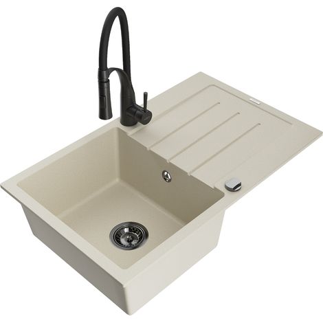 Mexen Bruno évier en granit 1 bac avec égouttoir et robinet de cuisine Aster, beige - 6513-69-73450-70-B (1/5)