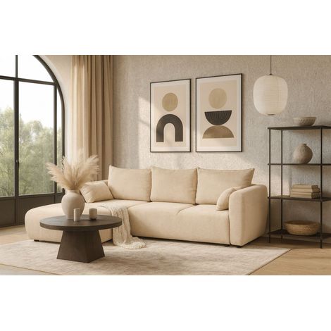 Ecksofa mit Schlaffunktion RUDEN Sofa in Stoff Raven Creme Ottomane Links (1/5)