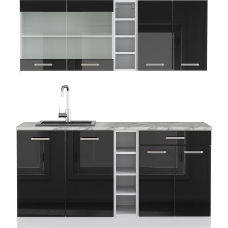 Cucina monoblocco R-Line, Nero lucido, 160 cm , PL Marmo, Vicco
