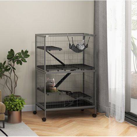 Gabbia per roditori, 4 piattaforme, 3 rampe, 4 porte, 80 x 52 x 128 cm, acciaio grigio DESVIAE (1/5)