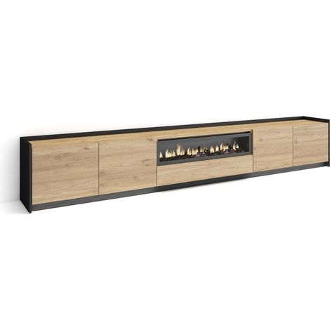 Skraut Home - Mueble TV, Televisión, Muebles de salón, almacenaje, 310x37x50cm, Para TV hasta 80", Chimenea eléctrica, LED, Estilo Moderno, Roble y negro (1/5)