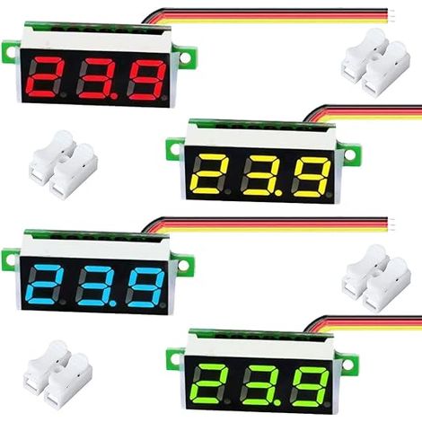 DC Voltage Display Board, DC 0-100V 0.28" 3 Wires Voltage Tester Meter LED Display Red, Yellow, Blue, Green Mini Digital Voltmeter with Crimp Terminal CH-2, 4 Pack (1/5)