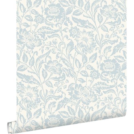 papier peint fleurs vintage bleu clair et blanc - ESTAhome (1/5)