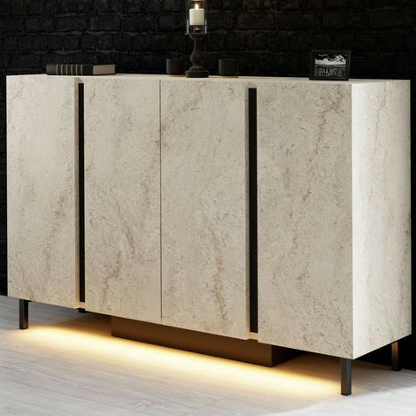 Buffet salle à manger 4 portes LED décor travertin AURA (1/5)