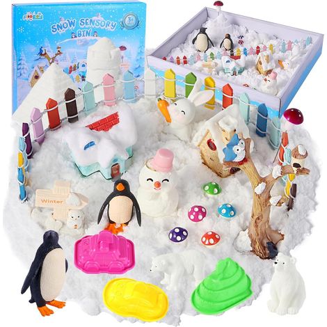 Snow Sensory Bin, kit de Sable de Jeu pour Enfants avec Jouets sensoriels, Figurines d'animaux Polaires, Village d'hiver, Jouet de Plage, Cadeau d'anniversaire pour Filles et garçons de 3 Ans (1/5)