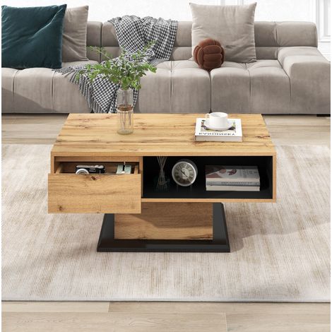 table basse salon rangement double 100 cm bois naturel OKMYHOME (1/5)
