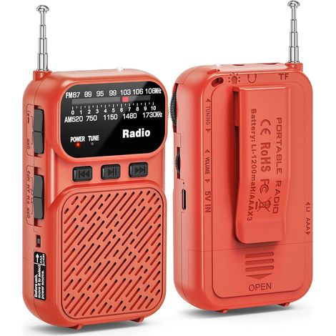 Mini Radio Portable, Poste AM/FM Portable avec Batterie 1200mAh, Radio de Poche avec Bluetooth, Radio à Transistors Fonctionnant sur Piles AAA avec Lampe de Poche/TF, Chargement USB-C (1/5)