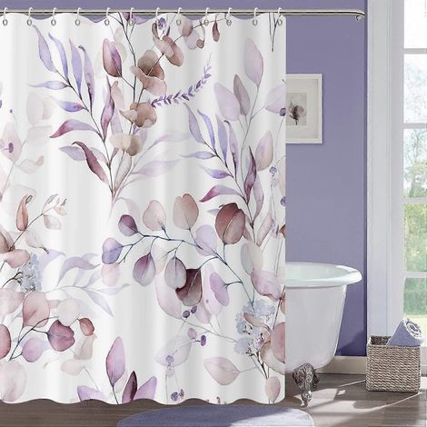 Rideau de douche 180x180cm, tissu lavande à motifs de feuilles d'eucalyptus, rideau de bain violet en polyester avec 12 crochets (1/5)