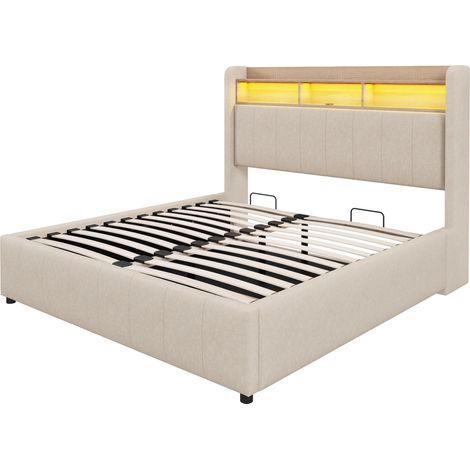 Cama canapé 140 x 200 cm con LED y USB, cabecero con almacenaje, lino beige HOMVRA (1/5)