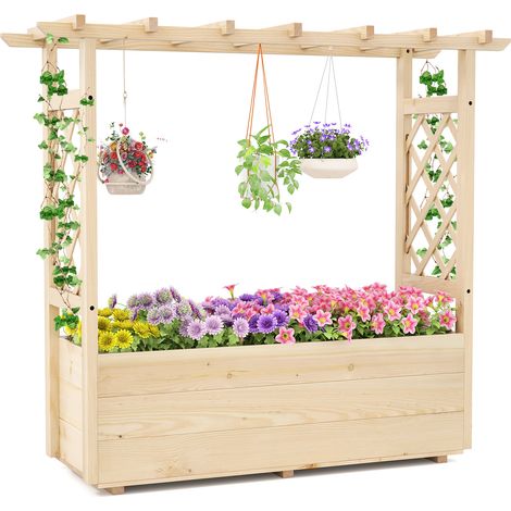 Costway – Jardinière surélevée en pin massif – Toit suspendu et treillis pour plantes grimpantes – Drainage efficace – 115 x 40 x 103 cm