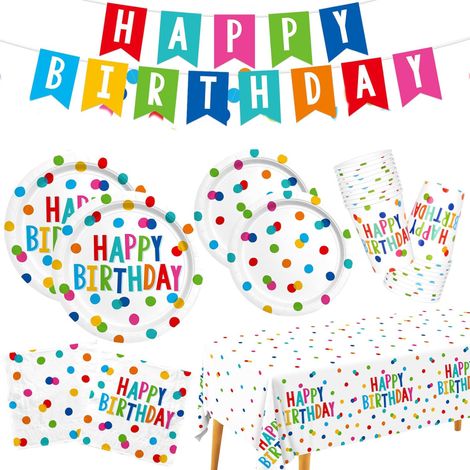 Ensemble Vaisselle Jetable Anniversaire - Assiettes Gobelets Serviettes Nappe Bannière Guirlande - Décoration Fête Thème Pois Colorés - Service 20 Personnes (1/5)