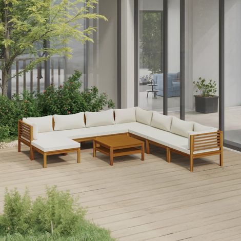 Salon de jardin 9 pcs,Mobilier de terrasse,Table et Chaise pour Relax avec coussin crème Bois d'acacia solide -YZ465542 (1/5)