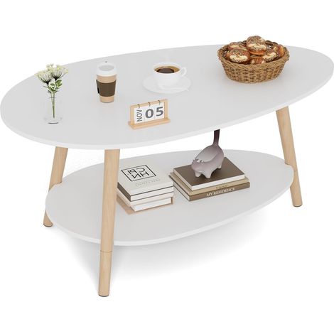 Table de Thé en Bois Massif, Table de Salon Ovale à Double Niveau, Table Ronde pour Salon, Table Basse, Table d'Appoint, Table à Thé, Blanc (1/5)