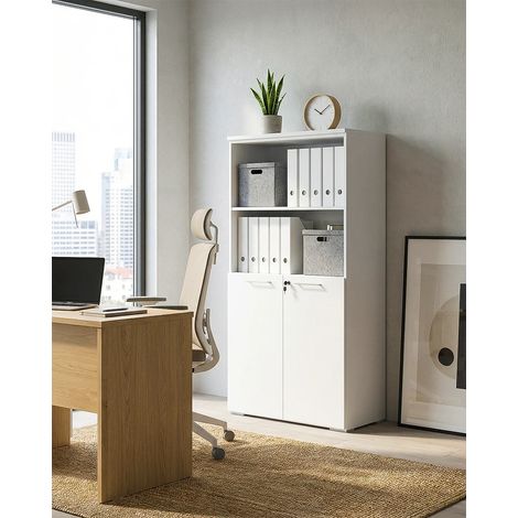 Armadio ufficio Kansas - Mobile archivio 2 ante con serratura - 3 mensole incluse - L. 90 x H. 160 x P. 42,5 cm – Bianco (1/4)