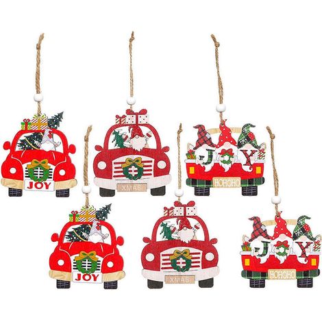 Weihnachtliche Auto-Anhänger aus Holz, 6er-Set, hängende Holzornamente