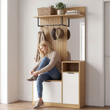 Porte-manteau d’entrée en chêne et blanc, 4 patères, barre de rangement, coffre à chaussures et placard intégré