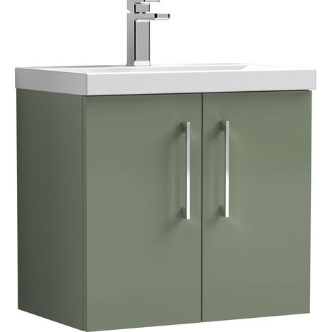 Nuie Arno Satin Green 600mm Wall Hung 2 Door Vanity Unit and Mid Edge Ceramic Basin - ARN823A