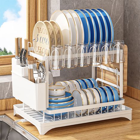 Égouttoir à vaisselle pliable 2 niveaux blanc, acier carbone, montage sans outil, bac d’égouttage bec pivotant 360°, porte‑ustensiles et support planche à découper (1/5)