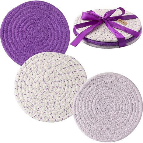 Ensemble de 3 dessous de plat élégants en pur coton tissé (17,8 cm de diamètre), parfaits pour la cuisine et la pâtisserie. 100 % coton pur. (1/5)