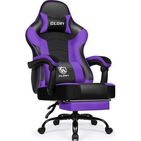 Gaming Stuhl mit Fußstütze – Ergonomischer Gamerstuhl, 170° verstellbar Gaming Chair, höhenverstellbar, mit Lendenkissen & Nackenkissen, belastbar bis 150 kg, Gronfont, Lila