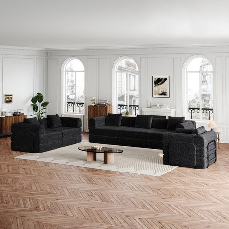 Sofá convertible de 6 plazas, modular 2 en 1 - Compartimento en el reposabrazos - Estructura de acero - Tejido de chenilla negro