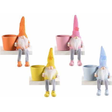 Petits pots en céramique colorée avec gnome à longues jambes et bonnet tricoté, lot de 4, 13 x 7 x H. 16 cm (chapeau déployé)