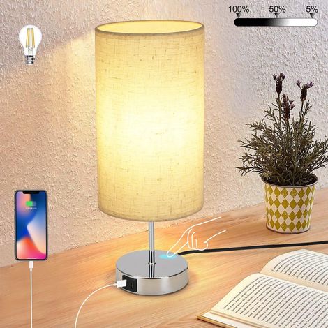 ZMH Lampe de Table Lampe de Chevet rétro de Salon - Lampe de Table chromée 1xE27 avec Fonction de Chargement USB Lampe de Table réglable au Toucher de lumière Blanche Chaude avec Abat-Jour en Tissu