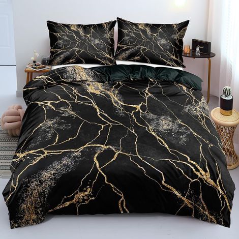 Parure de lit 135 x 200 cm 2 pièces en microfibre marbre noir doré (1/5)