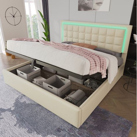 Cama con canapé 180x200 cm blanca en poliuretano con somier y iluminación LED (1/5)