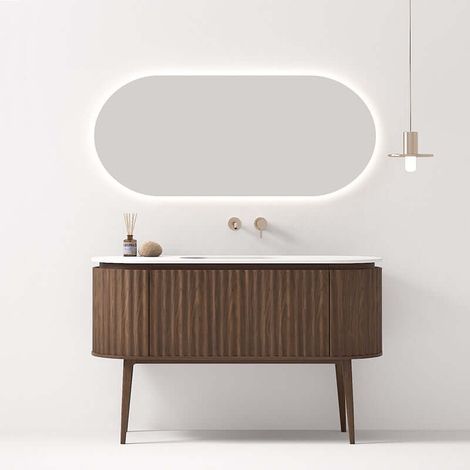 Mobile Bagno 140 cm A Terra Rovere Scuro Specchio Ovale Retroilluminato - Reid (1/4)