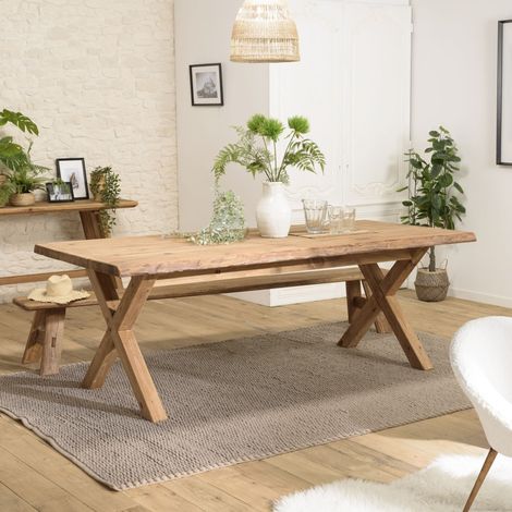Macabane – Table à manger rectangulaire 220x100cm en pin recyclé – Accueille 8 à 10 personnes – Pieds croisés – Style chaleureux et naturel