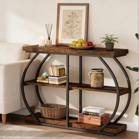 Mesa consola de 105 cm en metal y madera, 3 niveles, marrón DESVIAE