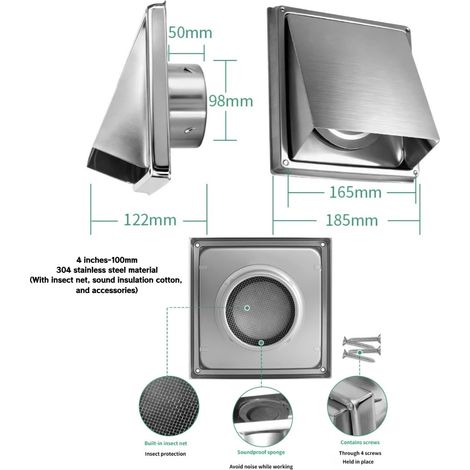 Grille d'aération en acier inoxydable 304 de 100 mm, grille d'évacuation d'air, avec clapet anti-retour intégré, moustiquaire et ouate insonorisante (1/5)
