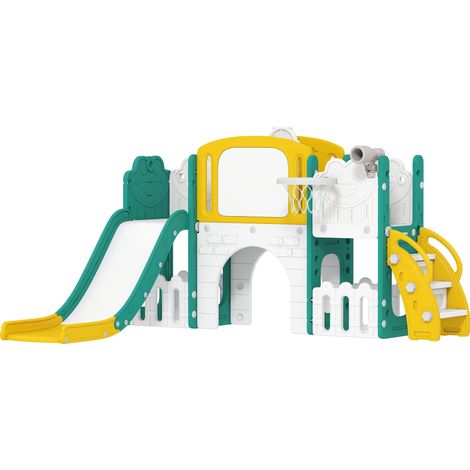 Toboggan 7-en-1 pour enfants avec panier de basket, périscope, espace de rangement, tunnel, mur d'escalade, tableau à dessin, jaune (1/5)