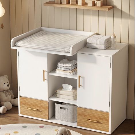 Multifunktionaler Wickeltisch 114 x 53 x 92 cm mit Stauraum, MDF weiß HAVRYA (1/5)