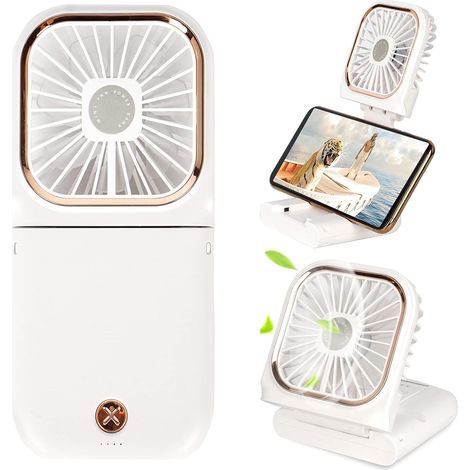 5-in-1 Mini Portable Fan with Power Bank, USB Charging, 3000 mAh, 3 Adjustable Speeds, Neck Strap, White (1/5)