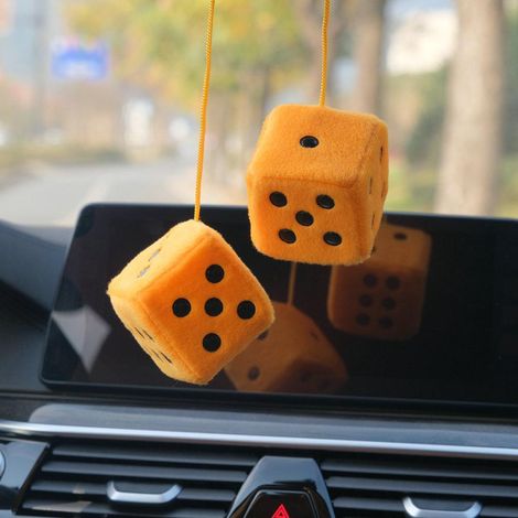 Paire de dés de voiture jaunes sans ventouses, pendentifs d'habitacle pour décoration intérieure, accessoires de rétroviseur, pour tableau de bord, portières et réfrigérateur (1/5)