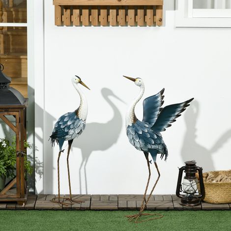 Lot de 2 statues jardin exterieur sculpture de héron en acier pour étang, patio, terrasse, 74 70cm multicolore, pelouse