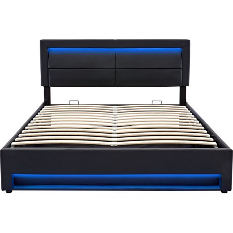 Cama tapizada de PU negro 140x190 cm con LED, carga USB e inalámbrica, almacenamiento y somier de láminas (1/5)