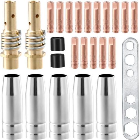 Kit de 25 pièces d'usure pour poste à souder à gaz inerte, accessoires de torche de soudage adaptés pour AK-15/MB-15, 5 x buses à gaz, 15 x buses de contact M6 0,8 mm, 2 x tiges de buse, 2 x isolateur (1/5)