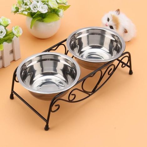 Support de plateaux avec deux bols pour nourriture en acier inoxydable pour animaux de compagnie Set de bols pour chat-chien---SEC-Ywey (1/3)