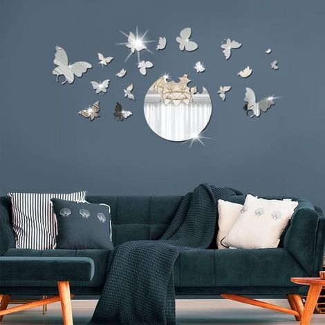 Acryl-Spiegelaufkleber – Selbstklebender dekorativer Wandaufkleber – Silberner Schmetterling zum Selbermachen – 3D-reflektierend – Für Schlafzimmer, Wohnzimmer, Badezimmer – Set (1/5)