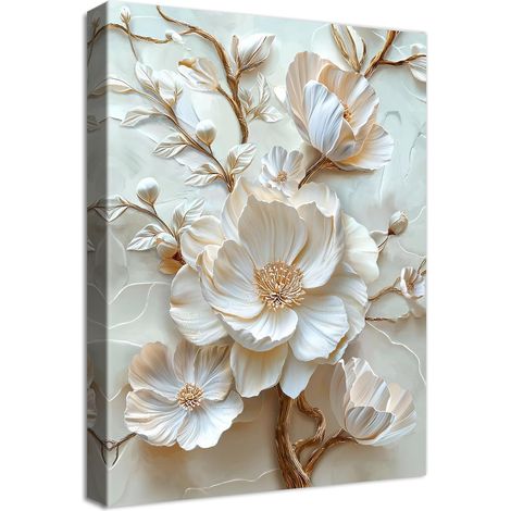 Cadre en Bois Impression sur Toile Fleurs Beiges Tableau Affiche Decoration Murale Image sur Toile Fleur de Pivoine Blanche en 3D Tableau Decoration Murale Salon Chambre à coucher Couloir 30x40cm (1/5)