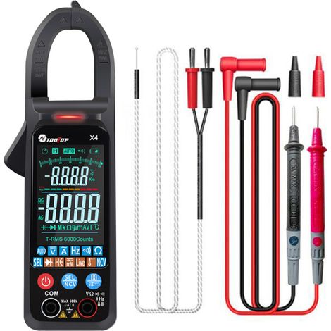 Pinza amperimétrica multifuncional, pantalla LCD grande, mide voltaje y corriente alterna.