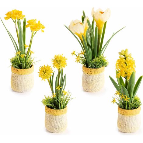 Vasi colorato effetto juta con fiori artificiali gialli, set da 4 pezzi, cm 6,5 x 6 x 23 H