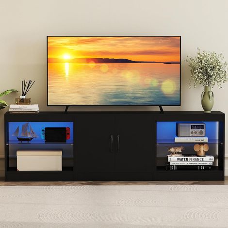 COSTWAY Meuble TV LED pour Télé 85", Meuble Télé Modulaire en 3 Pièces, Étagères en Verre Réglables, 16 Couleurs, Lminosité Télécommandée, Table TV pour Chambre, Salon, Gaming (Noir) (1/5)